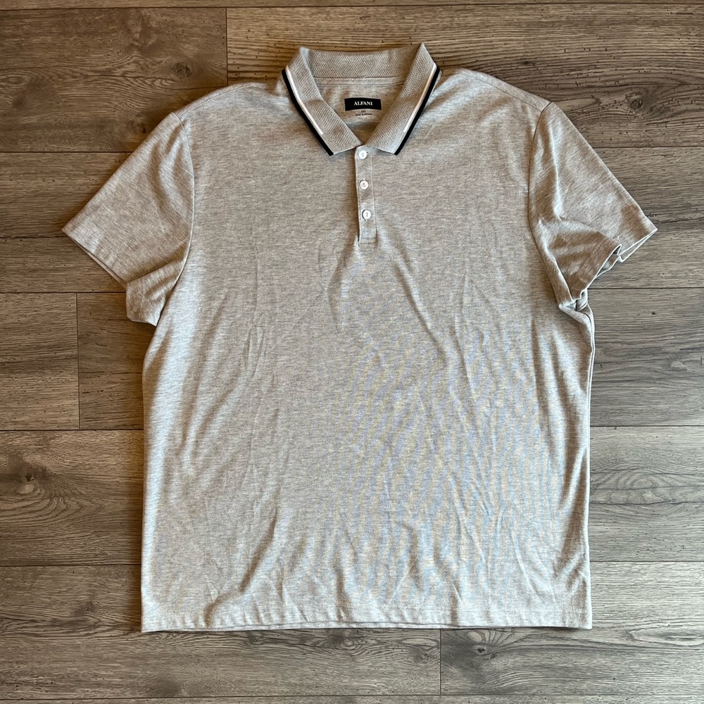Alfani Men’s Short Sleeve Polo Shirt Lightweight Stretchy Gray XXL Stripe Collar
